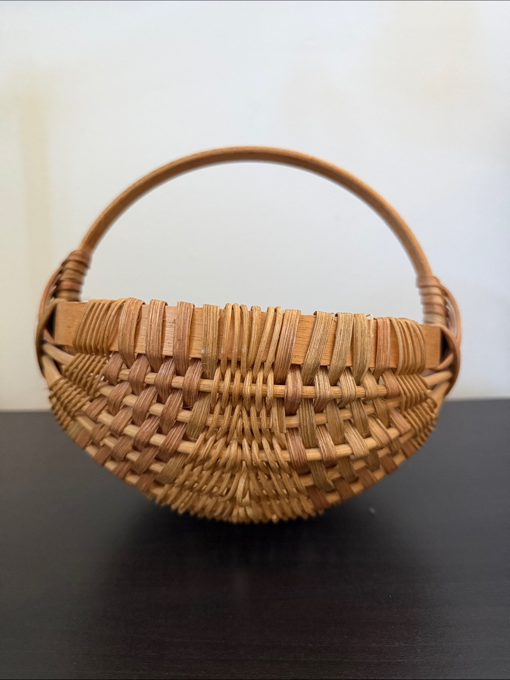Vintage Round Bottom Woven Wicker Basket with Wooden Handle